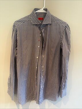 Isaia Blue and White Checked Dress Shirt